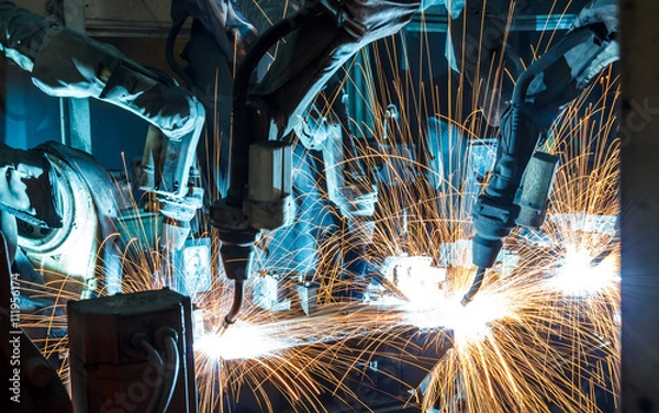 Fototapeta The movement of the robot welding in an auto parts factory.