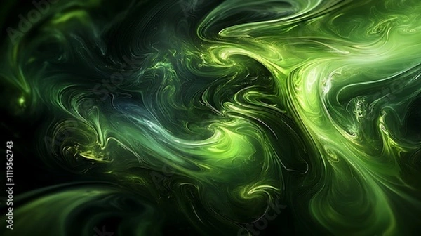 Fototapeta Green swirling lines forming a complex and fluid pattern on a dark background. 