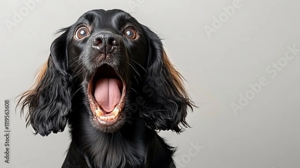 Fototapeta Cute black dog with expressive face yawning, showcasing its mouth and teeth against a neutral gray background, capturing a playful and joyful moment in a studio setting