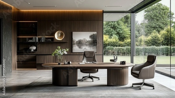 Obraz Modern luxury home office with large wooden desk, leather chairs, and garden view.