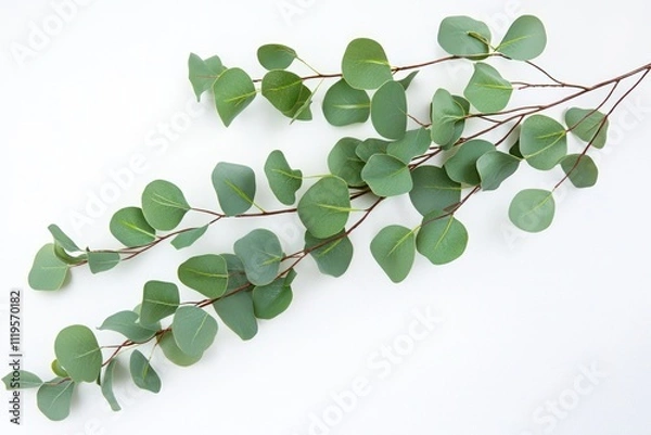 Fototapeta A green eucalyptus branch on a clear background, ideal for showcasing products in an advertising mockup, with ample copy space.
