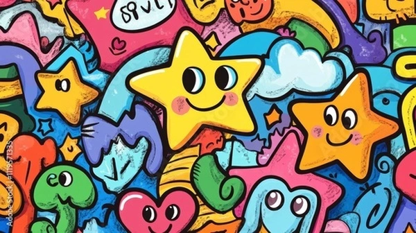 Fototapeta elementary school notebook doodle art, happy star characters, heart motifs, wavy lines, puzzle pieces with eyes, key illustration, cloud shapes, crayon hatching effect, freehand drawing style,