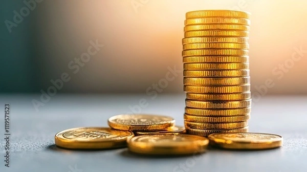 Fototapeta Stack of coins on gradient background, concept of growth
