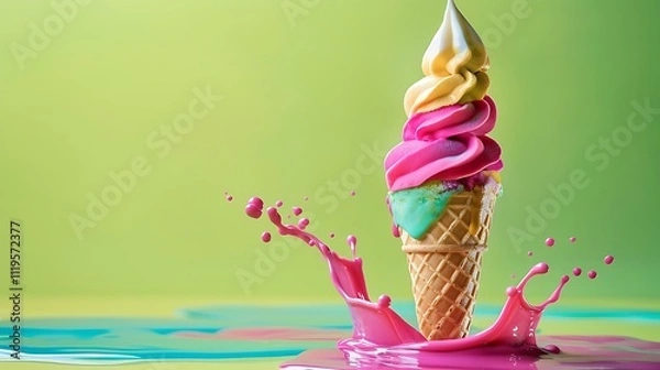 Fototapeta Vibrant melting ice cream cone in an artistic setting against a gentle lime green backdrop