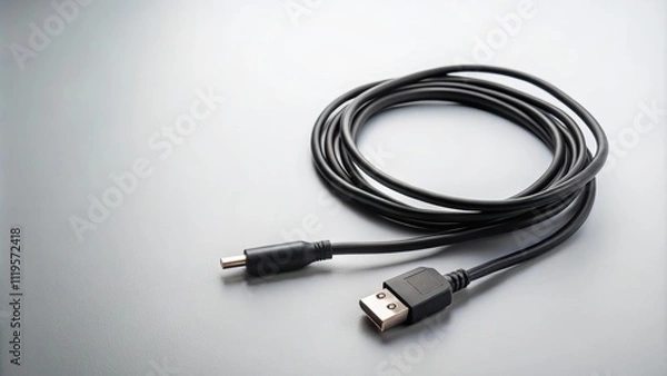 Fototapeta Black wire cable and adapter for USB connection on background, wire, cable, USB, adapter, black, technology