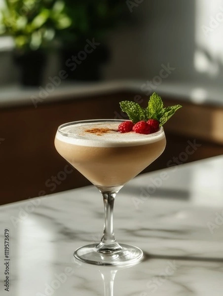 Fototapeta A beautifully crafted cocktail garnished with raspberries and mint on a marble countertop.