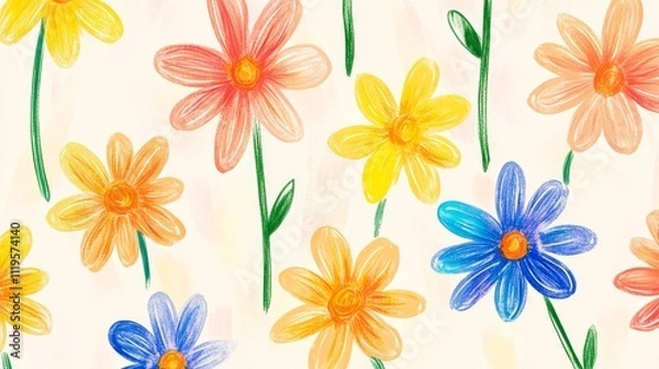 Fototapeta springtime daisy collection, delicate flower sketches, bright yellow centers, multicolored petals, simple green stems, elementary drawing style, loose crayon marks, pure floral elements, naive garden