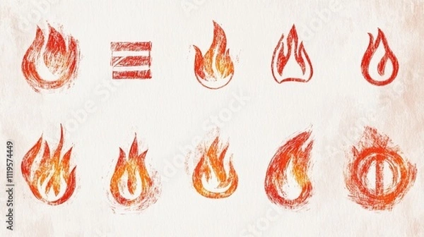 Fototapeta minimalist fire hazard symbols sketched in crayon, rough chalk texture, primitive line art collection, flame illustrations, emergency warning icons, orange and red color palette, hand-drawn effect,
