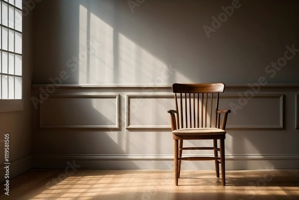 Obraz An empty wooden chair sits by a window with sunlight streaming through sheer curtains. Soft light and shadows create a tranquil, minimalist atmosphere with neutral tones and a serene, simple design.