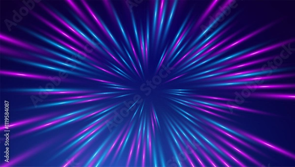 Fototapeta Warp drive high speed. Neon light warp tunnel speed of light background.