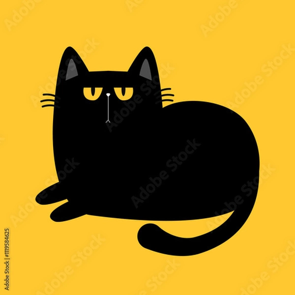 Fototapeta Laying cat. Cute Funny kitten with yellow eyes. Sad face head. Black silhouette icon. Kawaii pet animal. Cartoon funny character. Childish style. Happy Halloween. Flat design. Yellow background Vector