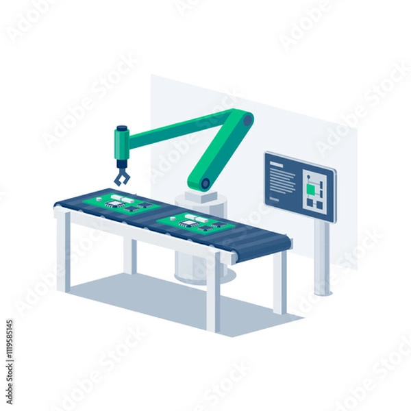 Fototapeta Assembly line industrial robot manipulating with chip on conveyor belt table. Robotic arm on workstation with product parts. Manufacturing process system. Isolated vector illustration icon on white.