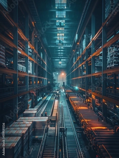 Obraz Automated factory. Rows of robotic arms assembling products on a production line. The factory is brightly lit and looks very modern.