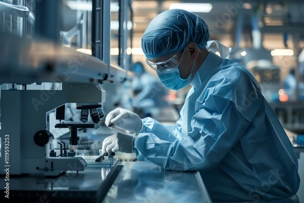 Fototapeta A scientist wearing a lab coat, gloves, and a face mask works in a laboratory. They are looking at a sample through a microscope.