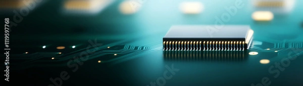 Fototapeta Close-up of microchip on circuit board, intricate details and modern design elements.