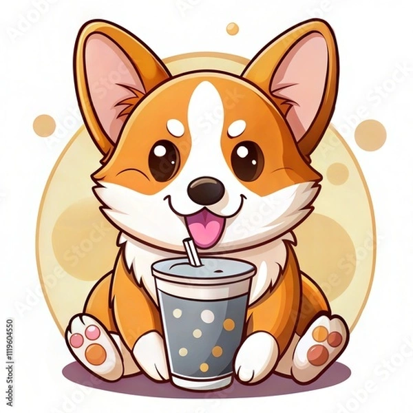 Fototapeta Playful Corgi with Cup of Coffee and Big Smile in Cartoon Style