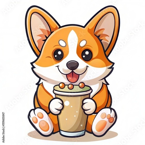 Fototapeta Playful Corgi with Cup of Coffee and Big Smile in Cartoon Style