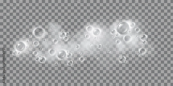 Fototapeta soap suds, realistic white airy soap foam with bubbles on transparent cut out background