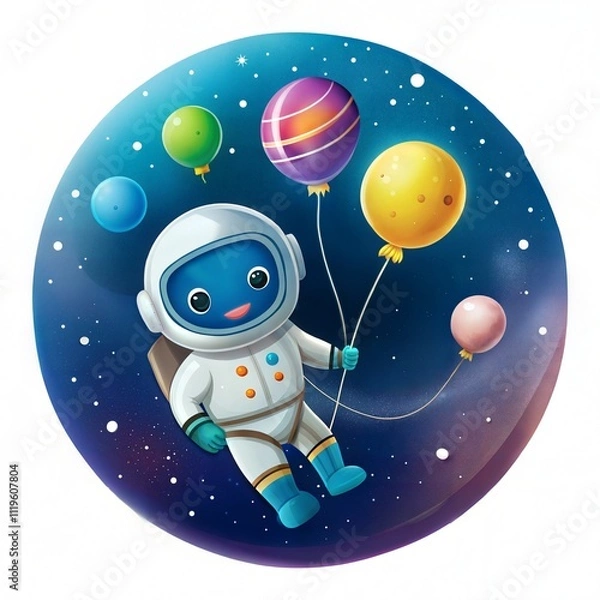 Fototapeta Playful Astronaut Holding Balloons in a Starry Space Background