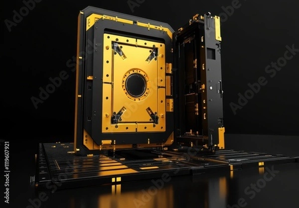 Fototapeta Intricate 3D Render of a Futuristic Metallic Door Mechanism with Bold Yellow and Black Color Scheme, Set Against a Dark Background, Highlighting the Advanced Design and Technology