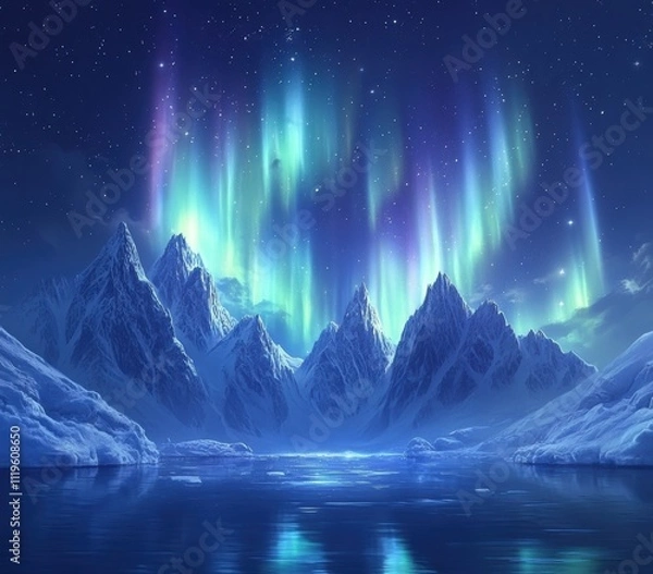 Fototapeta Majestic Northern Lights Dancing Over Snow-Capped Mountains and Reflecting on Still Waters in a Serene Night Sky of Stars and Glowing Colors