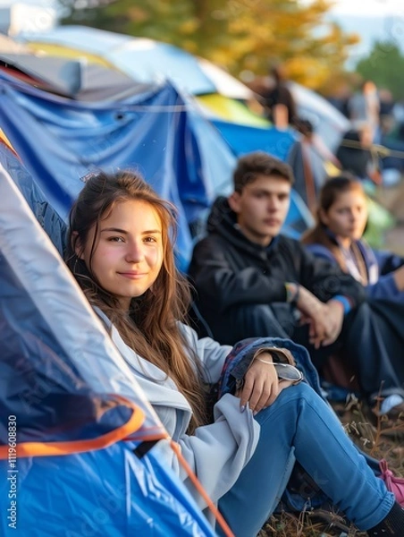 Fototapeta Teenagers camping in the woods. They are sitting in front of their tent and look happy. The sun is setting in the background.
