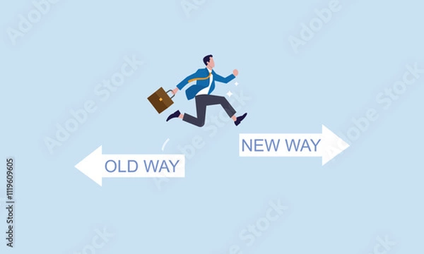Fototapeta Development, A concept for adapting to change, improvement and development for the self or the business, Businessman jump symbol with arrows pointing in the direction of the past and the future.