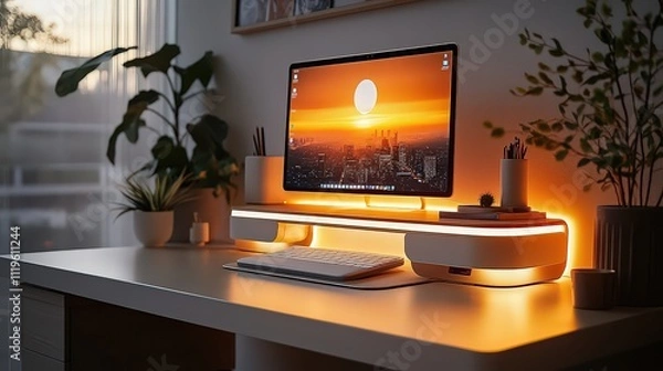 Fototapeta  Modern office setup with a smart desk featuring built-in wireless charging, AI assistant display, and ergonomic adjustment controls.