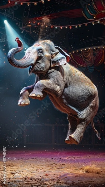 Fototapeta An elephant is jumping in a circus. The elephant is lit by a spotlight. The background is dark.