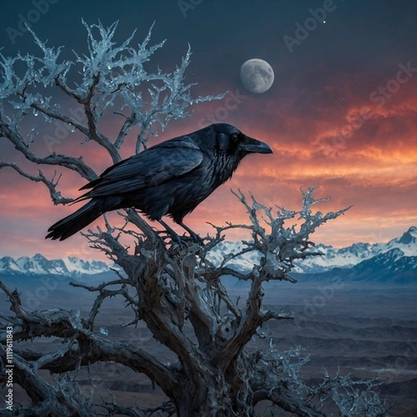 Fototapeta A raven perched on a crystalline tree against a surreal alien landscape.