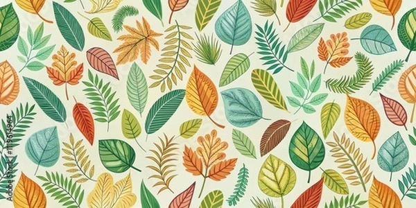 Fototapeta Various leaf patterns in a seamless background design, foliage, botanical, green, nature, organic, texture, wallpaper