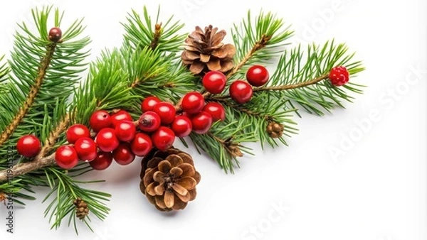 Fototapeta Pine branch with red berries and cones isolated on background, Pine, branch, red, berries, cones, background, isolated