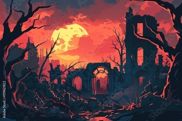 Fototapeta Ruined Cityscape Underneath an Orange Moon