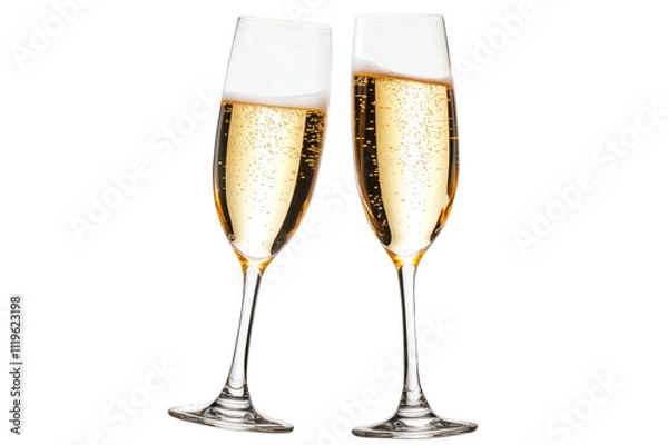 Fototapeta Two elegant champagne flutes filled with bubbling champagne are standing on a transparent background