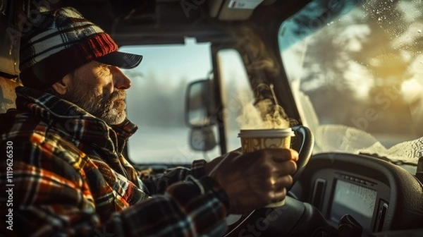 Fototapeta A long haul trucker takes a break to enjoy a cup of coffee and the view.