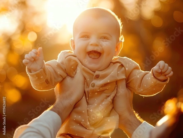 Fototapeta Capture the joy of a baby held high in the air, surrounded by a warm golden glow.