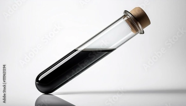 Fototapeta シンプルな白背景に置かれた試験管、石油の黒い輝きとガラスの透明感が特徴的なデザイン
