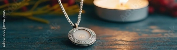 Fototapeta Always loved and remembered. Elegant silver necklace with a serene candle backdrop.