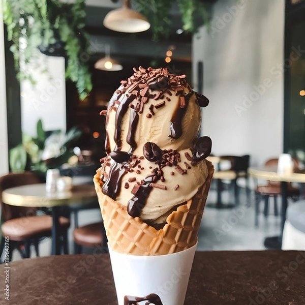 Fototapeta Gourmet espresso ice cream with chocolate shavings and coffee bean garnish, served in small cup with chic coffee shop theme