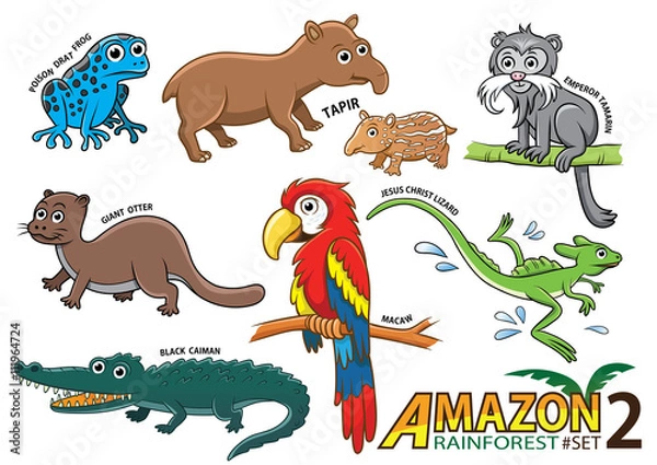 Fototapeta Set of Cute cartoon Animals and birds in the Amazon areas of Sou