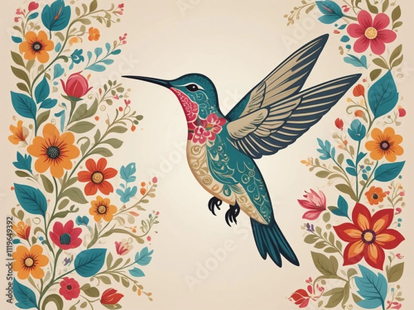 Fototapeta Colorful folk art hummingbird illustration with floral elements in a whimsical storybook style on a light beige background