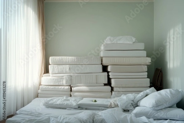 Fototapeta A pile of neatly stacked mattresses against a pale green wall, creating a scene of order and softness, bathed in natural daylight.