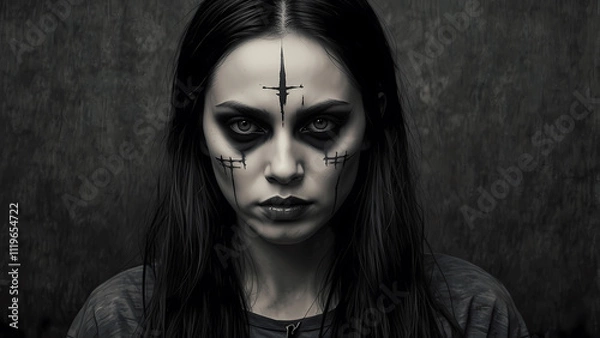 Fototapeta Dark and haunting portrait of a woman with striking face paint and intense gaze captured in low light setting