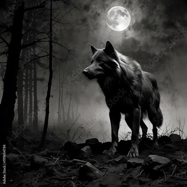 Fototapeta Dark wolf stands under a full moon in a foggy forest at night