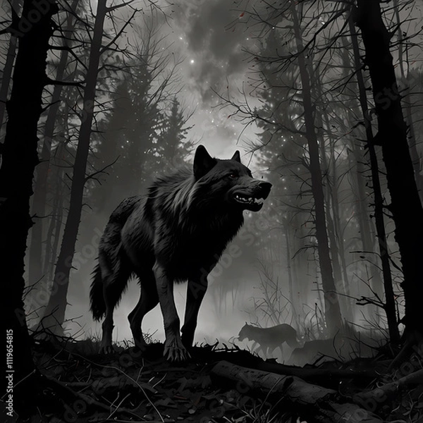 Fototapeta Dark forest setting with wolves roaming under a cloudy sky at dusk