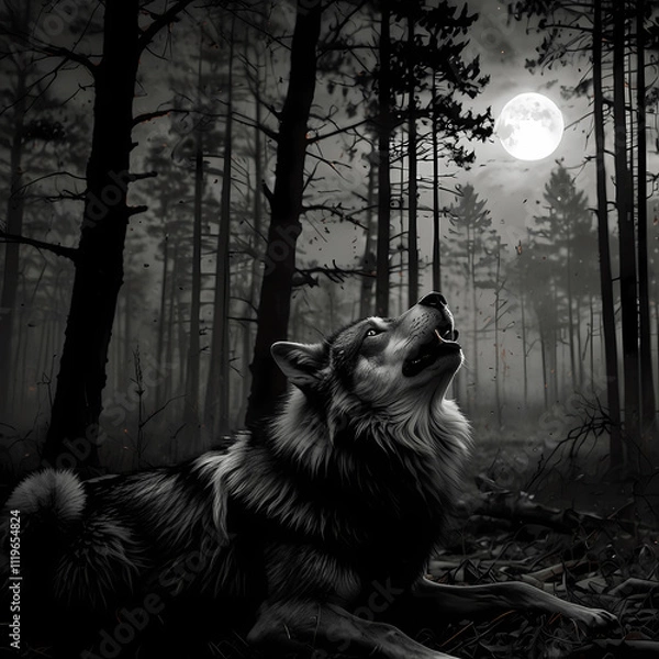Fototapeta Howling wolf under a full moon in a dark forest at night