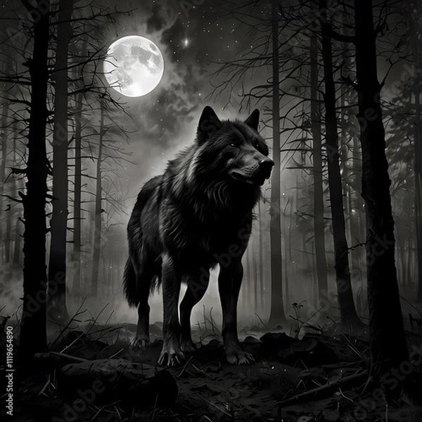 Fototapeta Majestic wolf stands under a full moon in a dark forest surrounded by trees at night