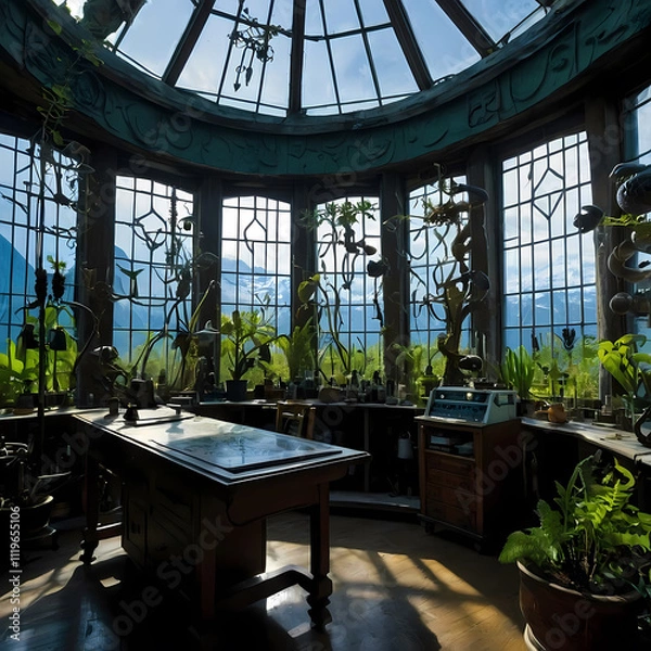 Fototapeta Natural light fills a botanical study room in a scenic mountainous location during daylight hours