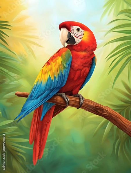 Fototapeta Colorful scarlet macaw perched on branch in lush rainforest vibrant nature scene close-up view for wildlife enthusiasts