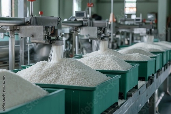 Obraz Industrial space with lines of rice filling machinery, highlighting the automated process in a modern food production facility.
